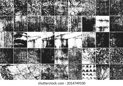 Set of distressed overlay texture of cracked concrete, stone or asphalt. grunge background. abstract halftone vector illustration