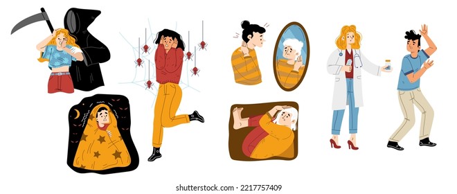 Set of distressed people with different phobias. Scared flat characters afraid of death, darkness, spiders, enclosed space, aging and doctors. Psychological problem. Panic attack. Vector illustration