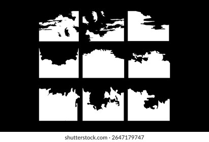 A set of distressed, torn edge frames and masks perfect for adding vintage, grunge, and artistic effects to photos and design for creating moody, edgy looks with rough, ink bleed, and abstract borders