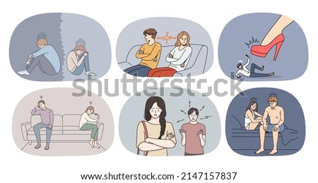 Set of distressed unhappy couple suffer relationships problems. Collection of man and woman feel upset think of divorce or breakup. Relation trouble concept. Split. Vector illustration. 