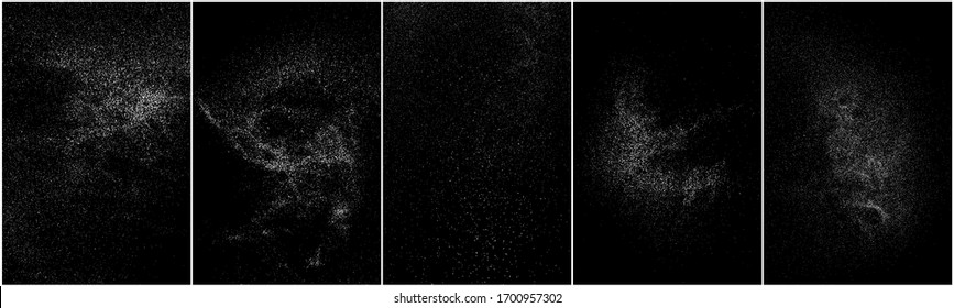 Set of distressed white grainy texture. Dust overlay textured. Grain noise particles. Snow effects pack. Rusted black background. Vector illustration, EPS 10.   