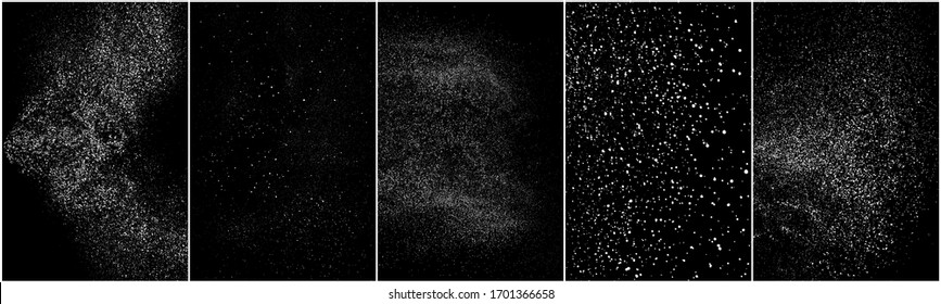 Set of distressed white grainy texture. Dust overlay textured. Grain noise particles. Snow effects pack. Rusted black background. Vector illustration, EPS 10.   