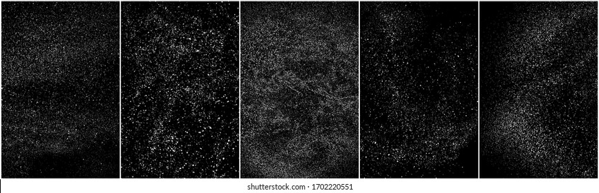 Set of distressed white grainy texture. Dust overlay textured. Grain noise particles. Snow effects pack. Rusted black background. Vector illustration, EPS 10.   