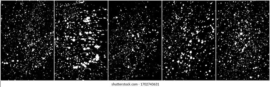 Set of distressed white grainy texture. Dust overlay textured. Grain noise particles. Snow effects pack. Rusted black background. Vector illustration, EPS 10.   