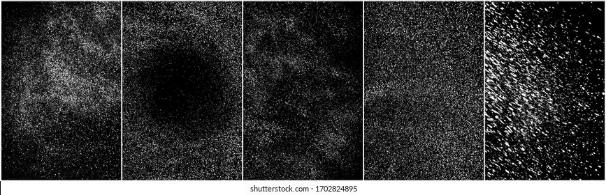 Set of distressed white grainy texture. Dust overlay textured. Grain noise particles. Snow effects pack. Rusted black background. Vector illustration, EPS 10.   