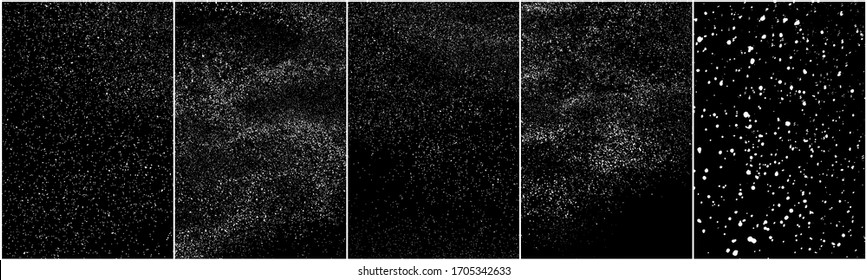 Set Of Distressed White Grainy Texture. Dust Overlay Textured. Grain Noise Particles. Snow Effects Pack. Rusted Black Background. Vector Illustration, EPS 10.   