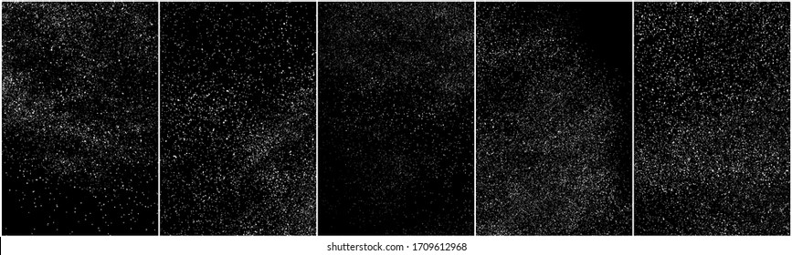 Set of distressed white grainy texture. Dust overlay textured. Grain noise particles. Snow effects pack. Rusted black background. Vector illustration, EPS 10.   