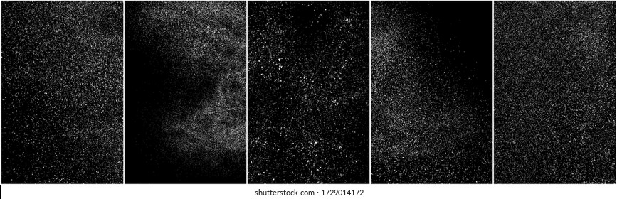 Conjunto de textura de grano blanco angustiado. El polvo sobrante texturado. Partículas de ruido de grano. Envase con efectos de nieve. Fondo negro rayado. Ilustración del vector, EPS 10.   