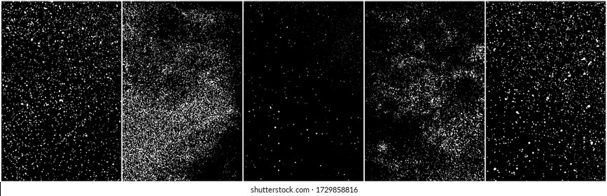 Set of distressed white grainy texture. Dust overlay textured. Grain noise particles. Snow effects pack. Rusted black background. Vector illustration, EPS 10.   