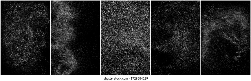 Conjunto de textura de grano blanco angustiado. El polvo sobrante texturado. Partículas de ruido de grano. Envase con efectos de nieve. Fondo negro rayado. Ilustración del vector, EPS 10.   