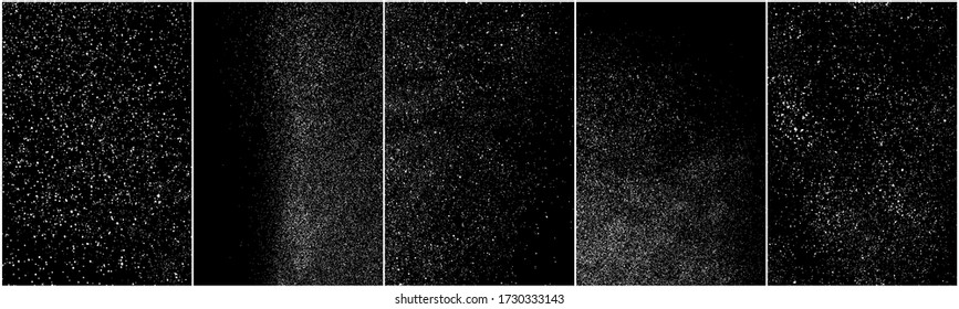 Set of distressed white grainy texture. Dust overlay textured. Grain noise particles. Snow effects pack. Rusted black background. Vector illustration, EPS 10.   
