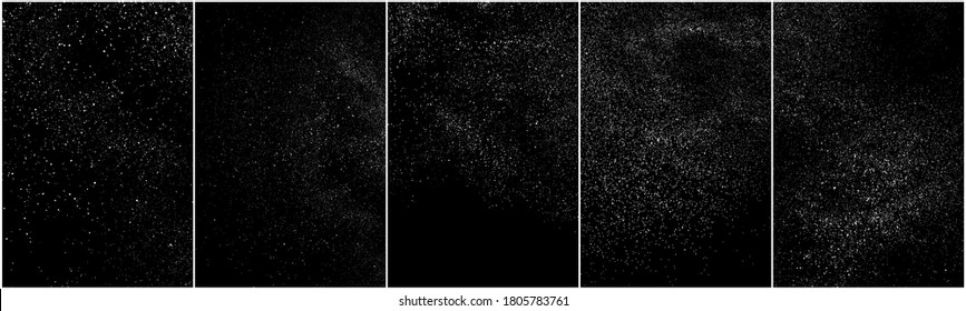 Set of distressed white grainy texture. Dust overlay textured. Grain noise particles. Snow effects pack. Rusted black background. Vector illustration, EPS 10.   