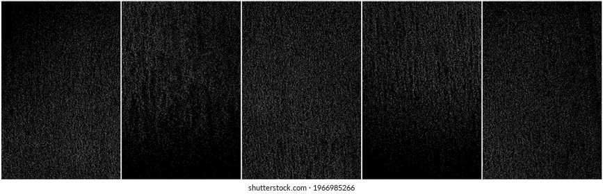 Set of distressed white grainy texture. Dust overlay textured. Grain noise particles. Snow effects pack. Rusted black background. Vector illustration, EPS 10.   