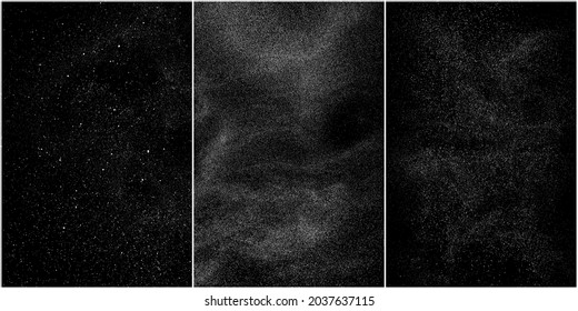 Set of distressed white grainy texture. Dust overlay textured. Grain noise particles. Snow effects pack. Rusted black background. Vector illustration, EPS 10.   
