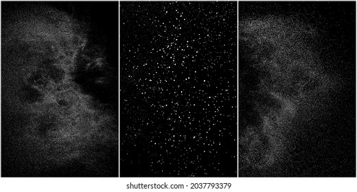 Set of distressed white grainy texture. Dust overlay textured. Grain noise particles. Snow effects pack. Rusted black background. Vector illustration, EPS 10.   