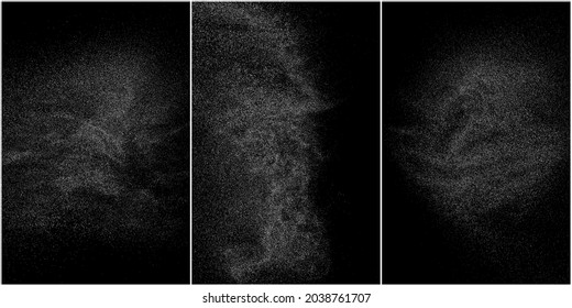 Conjunto de textura de grano blanco angustiado. El polvo sobrante texturado. Partículas de ruido de grano. Envase con efectos de nieve. Fondo negro rayado. Ilustración del vector, EPS 10.   