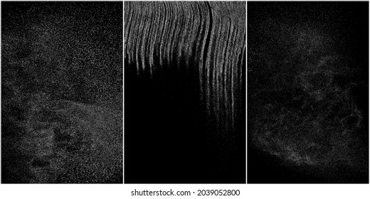 Set of distressed white grainy texture. Dust overlay textured. Grain noise particles. Snow effects pack. Rusted black background. Vector illustration, EPS 10.   