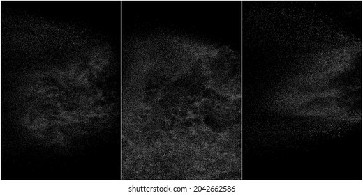 Set of distressed white grainy texture. Dust overlay textured. Grain noise particles. Snow effects pack. Rusted black background. Vector illustration, EPS 10.   