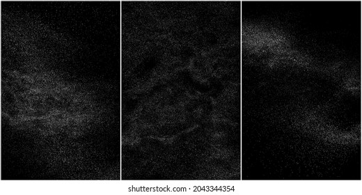Conjunto de textura de grano blanco angustiado. El polvo sobrante texturado. Partículas de ruido de grano. Envase con efectos de nieve. Fondo negro rayado. Ilustración del vector, EPS 10.   
