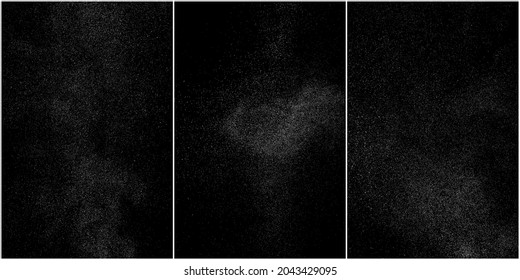 Set of distressed white grainy texture. Dust overlay textured. Grain noise particles. Snow effects pack. Rusted black background. Vector illustration, EPS 10.   