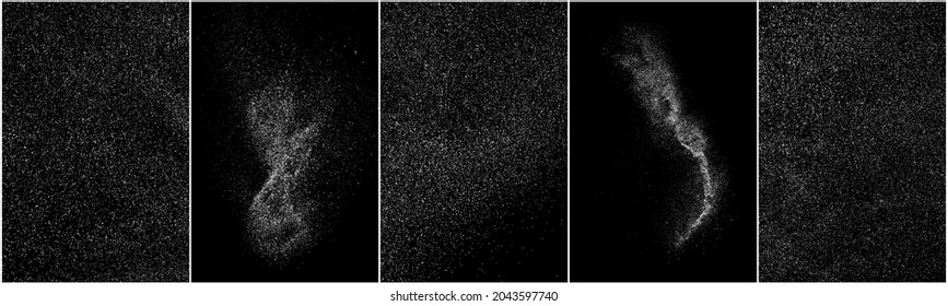 Set of distressed white grainy texture. Dust overlay textured. Grain noise particles. Snow effects pack. Rusted black background. Vector illustration, EPS 10.   