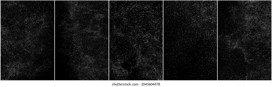 Set of distressed white grainy texture. Dust overlay textured. Grain noise particles. Snow effects pack. Rusted black background. Vector illustration, EPS 10.   