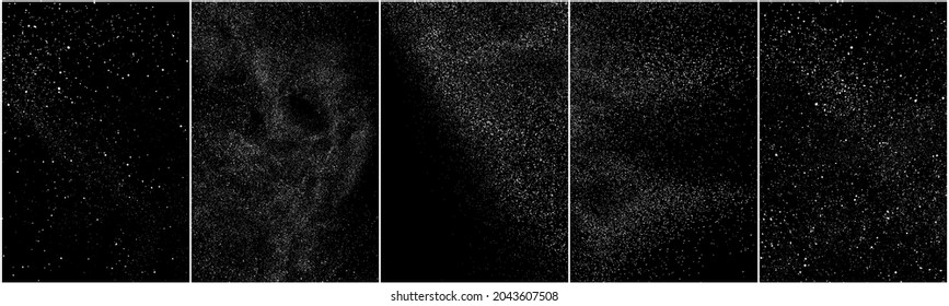 Set of distressed white grainy texture. Dust overlay textured. Grain noise particles. Snow effects pack. Rusted black background. Vector illustration, EPS 10.   