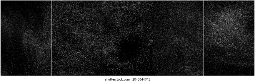 Set of distressed white grainy texture. Dust overlay textured. Grain noise particles. Snow effects pack. Rusted black background. Vector illustration, EPS 10.   