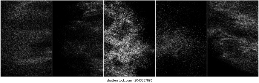 Set of distressed white grainy texture. Dust overlay textured. Grain noise particles. Snow effects pack. Rusted black background. Vector illustration, EPS 10.   