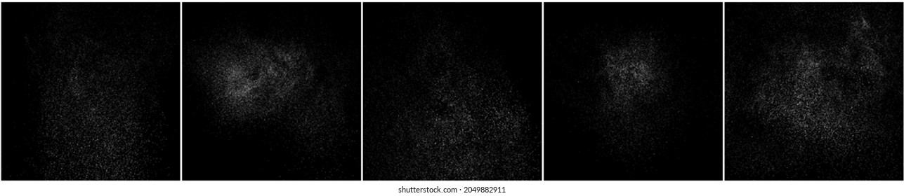 Set of distressed white grainy texture. Dust overlay textured. Grain noise particles. Snow effects pack. Rusted black background. Vector illustration, EPS 10.   