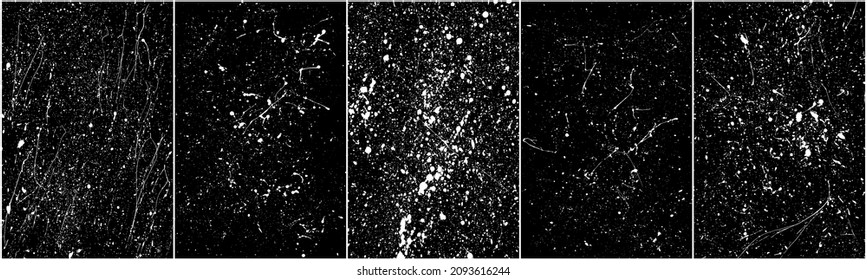 Set of distressed white grainy texture. Dust overlay textured. Grain noise particles. Snow effects pack. Rusted black background. Vector illustration, EPS 10.   