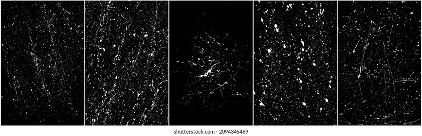 Conjunto de textura de grano blanco angustiado. El polvo sobrante texturado. Partículas de ruido de grano. Envase con efectos de nieve. Fondo negro rayado. Ilustración del vector, EPS 10.   