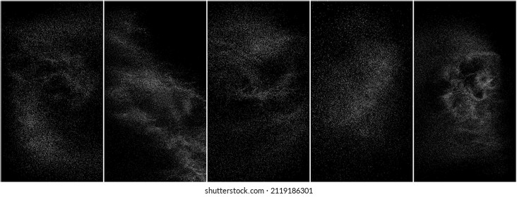 Set of distressed white grainy texture. Dust overlay textured. Grain noise particles. Snow effects pack. Rusted black background. Vector illustration, EPS 10.   