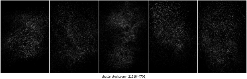 Set of distressed white grainy texture. Dust overlay textured. Grain noise particles. Snow effects pack. Rusted black background. Vector illustration, EPS 10.   