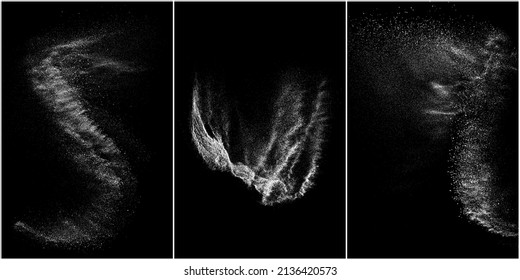 Set of distressed white grainy texture. Dust overlay textured. Grain noise particles. Snow effects pack. Rusted black background. Vector illustration, EPS 10.   