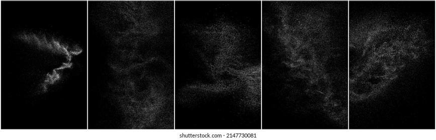 Set of distressed white grainy texture. Dust overlay textured. Grain noise particles. Snow effects pack. Rusted black background. Vector illustration, EPS 10.   