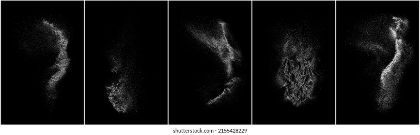 Conjunto de textura de grano blanco angustiado. El polvo sobrante texturado. Partículas de ruido de grano. Envase con efectos de nieve. Fondo negro rayado. Ilustración del vector, EPS 10.   