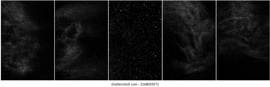 Set of distressed white grainy texture. Dust overlay textured. Grain noise particles. Snow effects pack. Rusted black background. Vector illustration, EPS 10.   