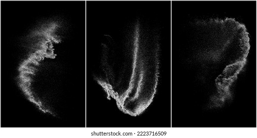 Conjunto de textura de grano blanco angustiado. El polvo sobrante texturado. Partículas de ruido de grano. Envase con efectos de nieve. Fondo negro rayado. Ilustración del vector, EPS 10.   