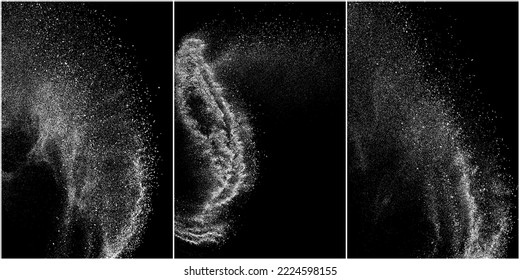 Set of distressed white grainy texture. Dust overlay textured. Grain noise particles. Snow effects pack. Rusted black background. Vector illustration, EPS 10.   