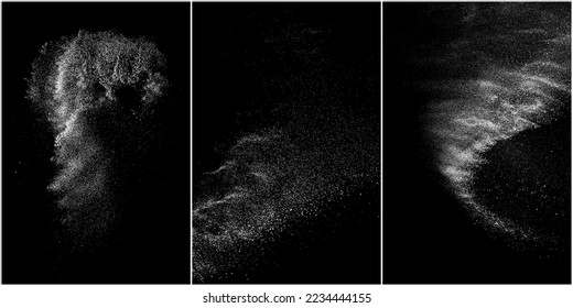 Set of distressed white grainy texture. Dust overlay textured. Grain noise particles. Snow effects pack. Rusted black background. Vector illustration, EPS 10.   