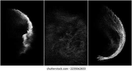 Set of distressed white grainy texture. Dust overlay textured. Grain noise particles. Snow effects pack. Rusted black background. Vector illustration, EPS 10.   
