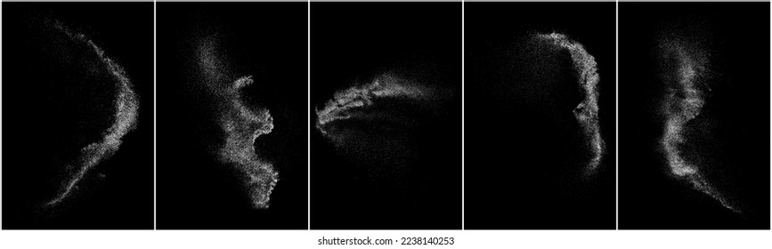Set of distressed white grainy texture. Dust overlay textured. Grain noise particles. Snow effects pack. Rusted black background. Vector illustration, EPS 10.   