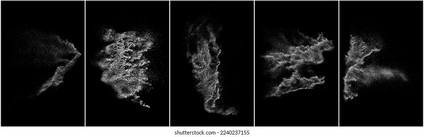 Conjunto de textura de grano blanco angustiado. El polvo sobrante texturado. Partículas de ruido de grano. Envase con efectos de nieve. Fondo negro rayado. Ilustración del vector, EPS 10.   