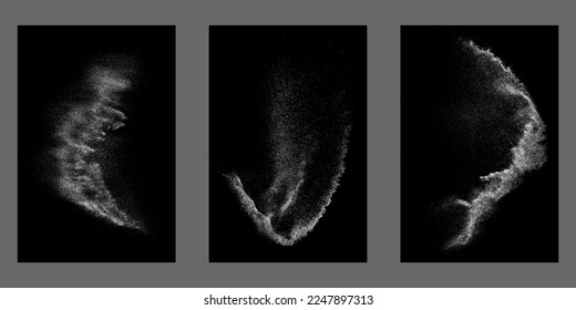 Set of distressed white grainy texture. Dust overlay textured. Grain noise particles. Snow effects pack. Rusted black background. Vector illustration, EPS 10.   