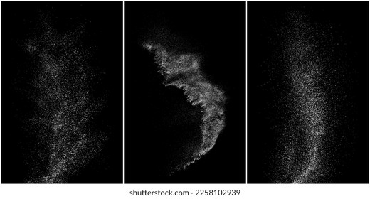 Set of distressed white grainy texture. Dust overlay textured. Grain noise particles. Snow effects pack. Rusted black background. Vector illustration, EPS 10.   