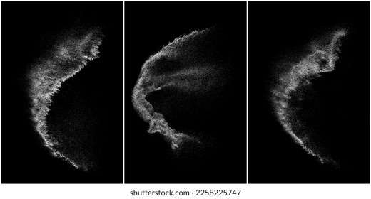 Set of distressed white grainy texture. Dust overlay textured. Grain noise particles. Snow effects pack. Rusted black background. Vector illustration, EPS 10.   