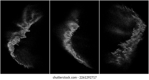 Set of distressed white grainy texture. Dust overlay textured. Grain noise particles. Snow effects pack. Rusted black background. Vector illustration, EPS 10.   