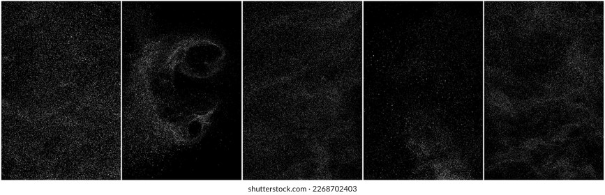 Set of distressed white grainy texture. Dust overlay textured. Grain noise particles. Snow effects pack. Rusted black background. Vector illustration, EPS 10.   