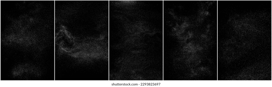 Conjunto de textura de grano blanco angustiado. El polvo sobrante texturado. Partículas de ruido de grano. Envase con efectos de nieve. Fondo negro rayado. Ilustración del vector, EPS 10.   